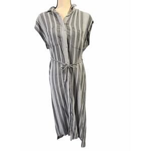 KAVU Women's Gray White Stripe Sleeveless Belted Shirt Midi Dress Sz S Outdoors